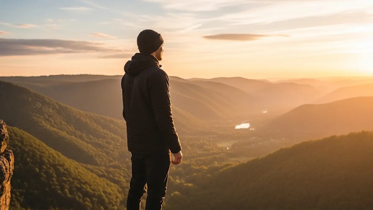 una persona, vista di spalle mentre guarda con serenità un panorama luminoso