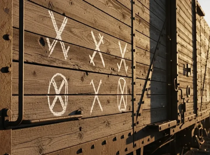 una raccolta di simboli del codice hobo disegnati con il gesso su una superficie di legno