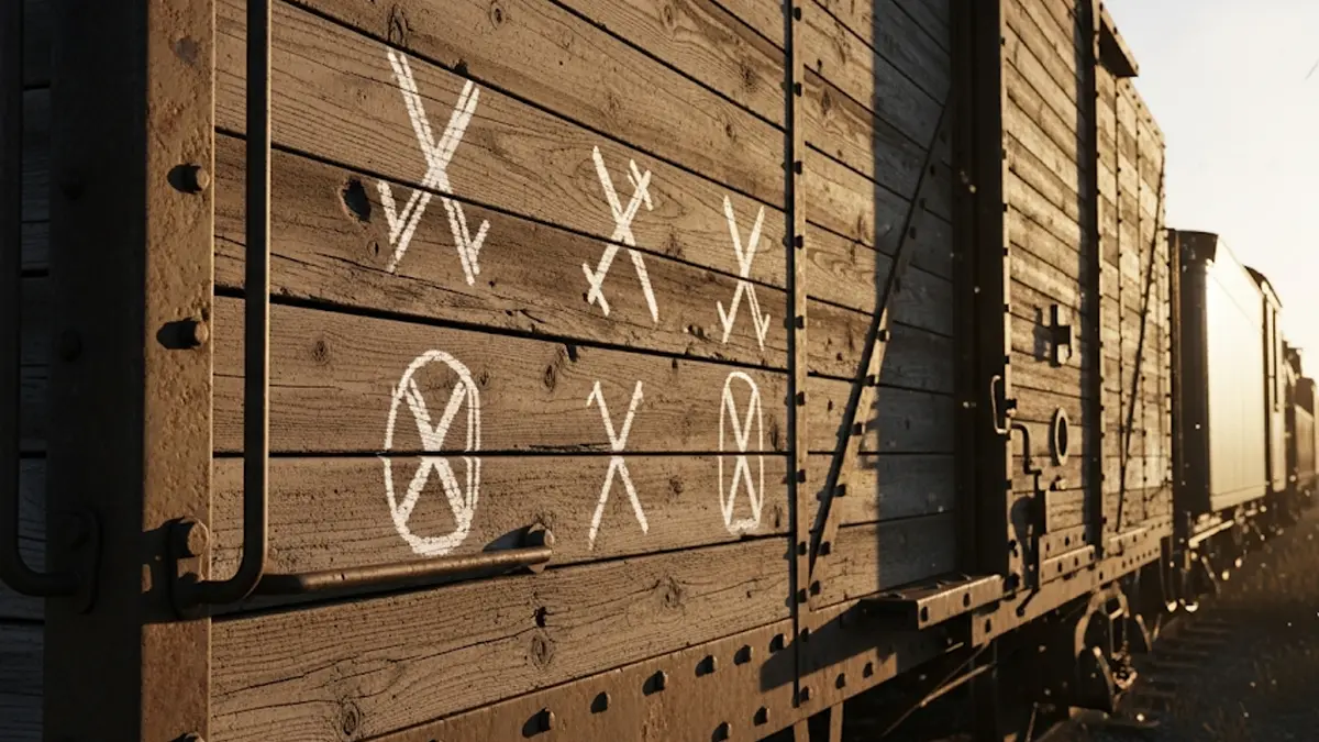 una raccolta di simboli del codice hobo disegnati con il gesso su una superficie di legno