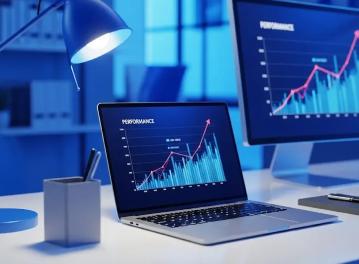 una scrivania ordinata con un laptop aperto su un grafico di performance in salita