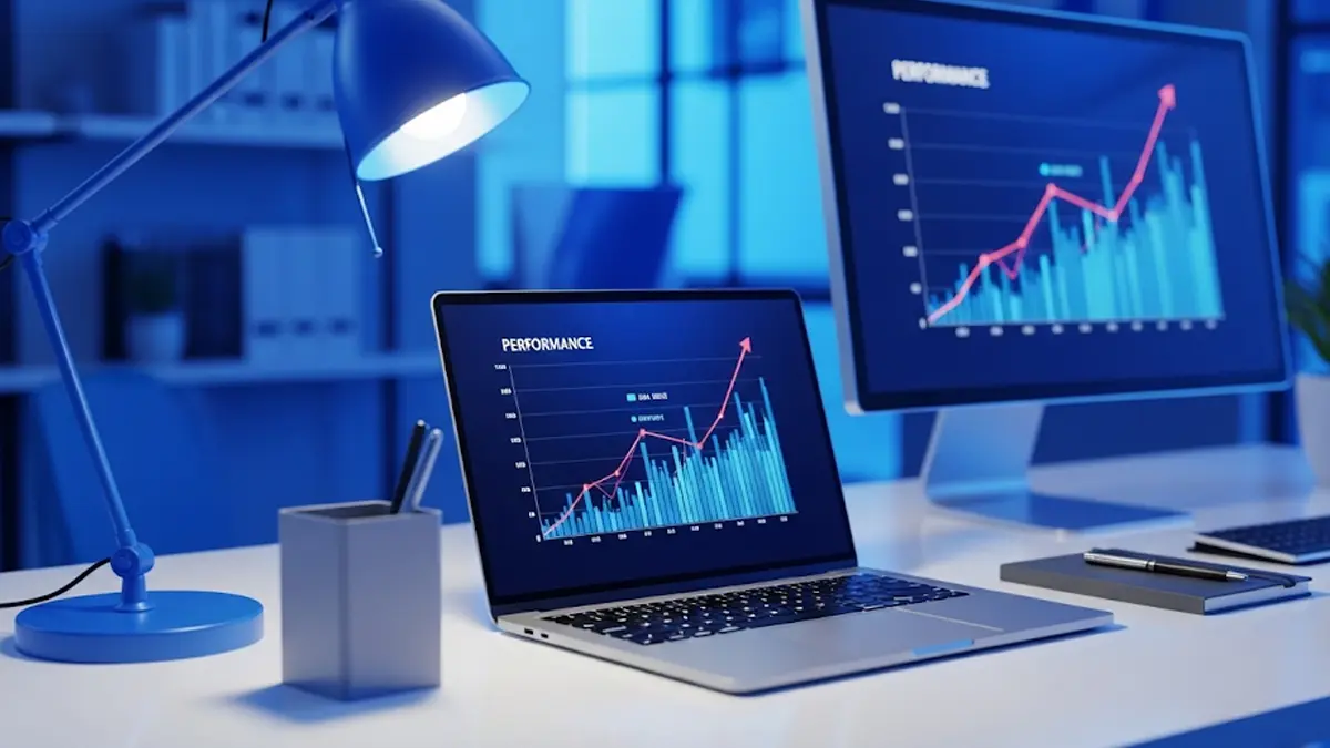 una scrivania ordinata con un laptop aperto su un grafico di performance in salita