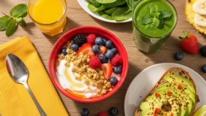 una tavola con diverse opzioni di colazione veloce