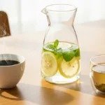 una tazza di caffè nero fumante una tazza di vetro con tè verde e una caraffa di acqua trasparente