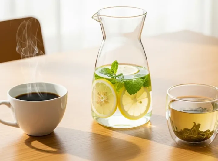 una tazza di caffè nero fumante una tazza di vetro con tè verde e una caraffa di acqua trasparente
