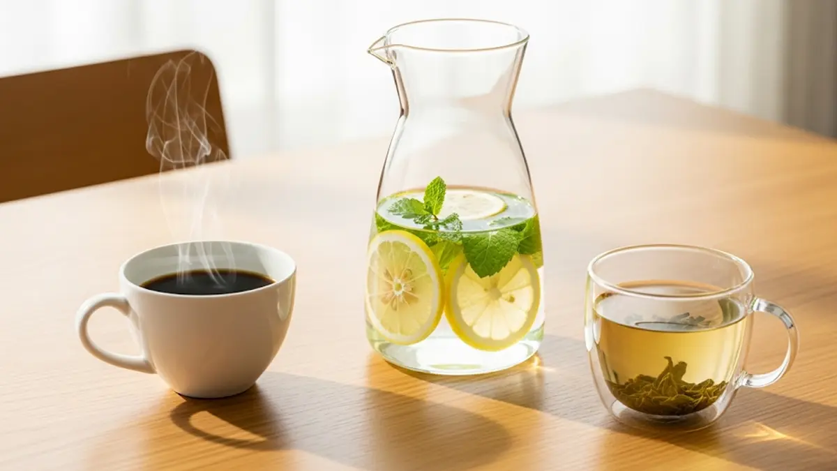 una tazza di caffè nero fumante una tazza di vetro con tè verde e una caraffa di acqua trasparente