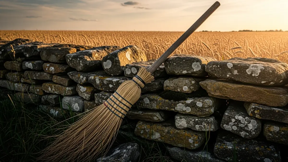 una vecchia scopa di saggina appoggiata a un muro di pietra rustico
