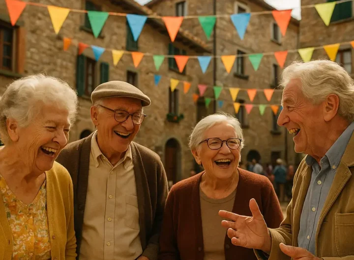 Anziano lucchese che racconta storie in foionco durante una festa di paese