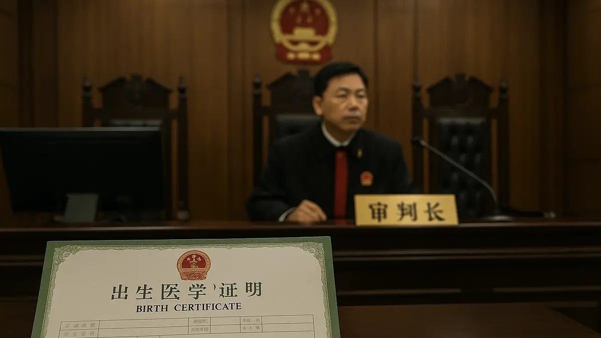 Aula di tribunale cinese con giudice che tiene in mano un certificato di nascita