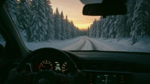 Auto che percorre in sicurezza una strada innevata in inverno