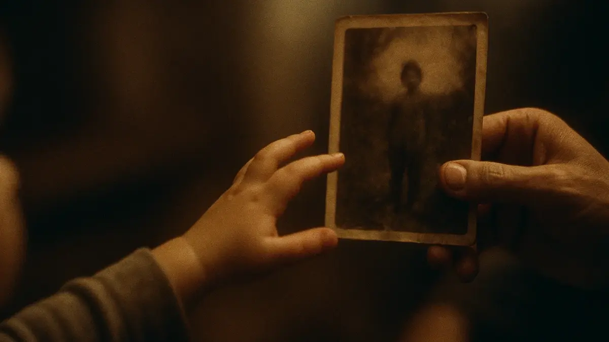 Bambino piccolo che guarda con curiosità una vecchia fotografia in bianco e nero