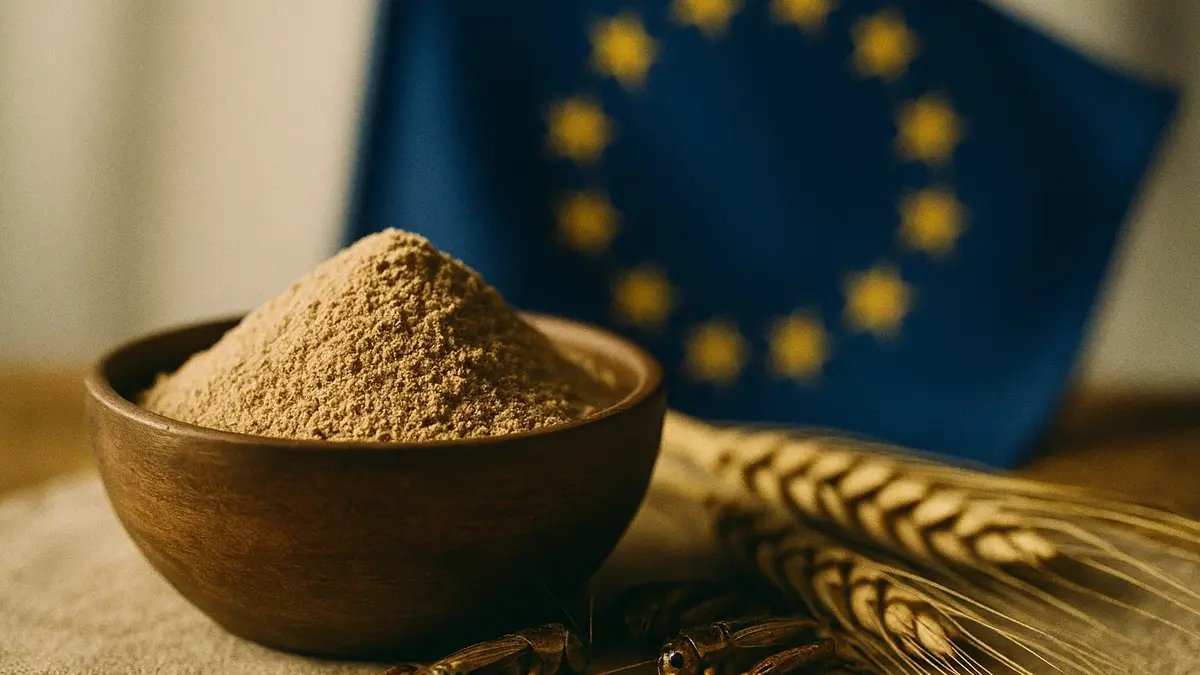 Bandiera Unione Europea accanto a un grillo e una ciotola di farina di grillo