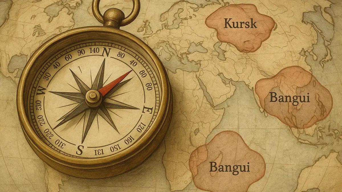 Bussola che punta in direzioni diverse su mappa del mondo con zone di anomalia magnetica evidenziate