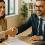 Candidato sicuro di sé stringe la mano al recruiter durante un colloquio di lavoro di successo