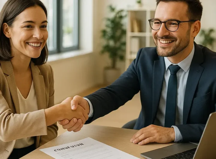 Candidato sicuro di sé stringe la mano al recruiter durante un colloquio di lavoro di successo