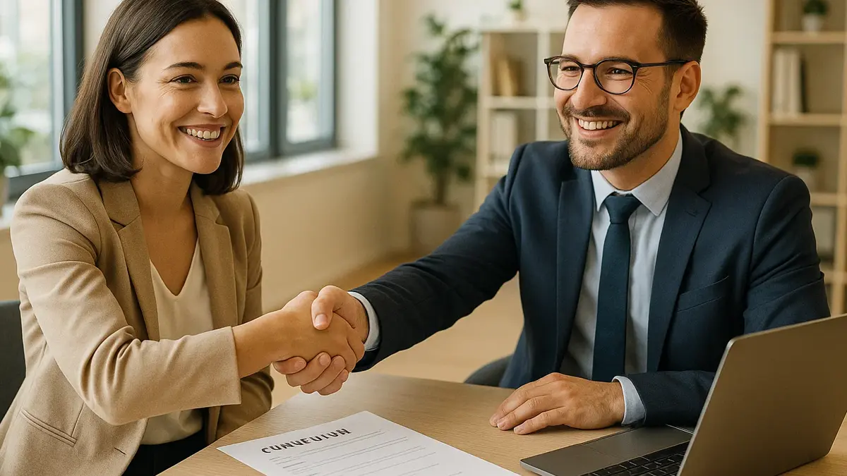 Candidato sicuro di sé stringe la mano al recruiter durante un colloquio di lavoro di successo