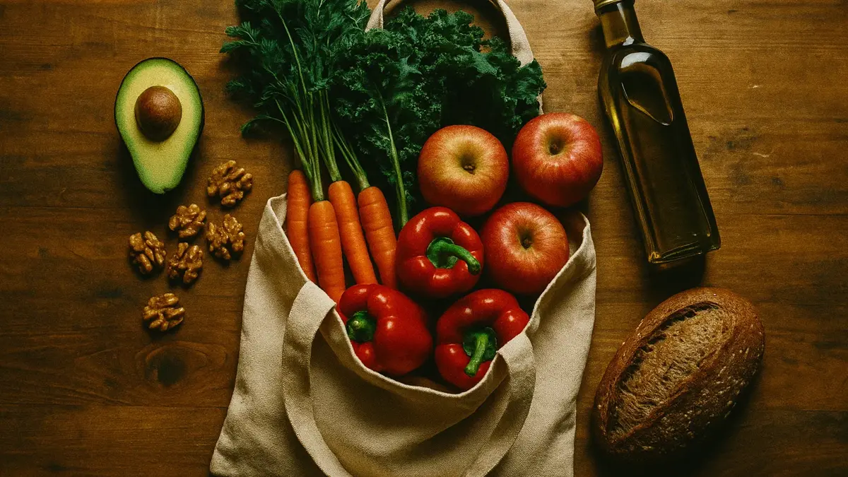 Carrello della spesa traboccante di frutta e verdura fresca e colorata