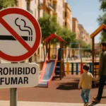 Cartello di divieto di fumo davanti a una scuola in Spagna