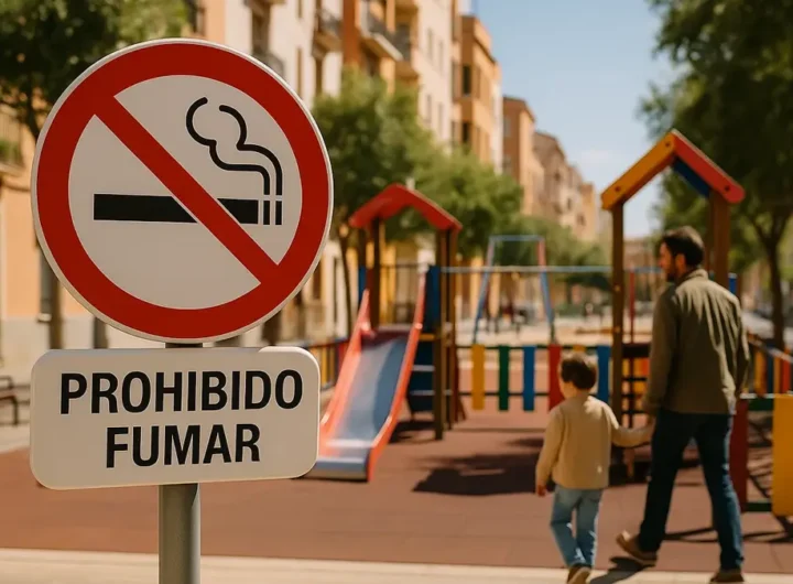 Cartello di divieto di fumo davanti a una scuola in Spagna
