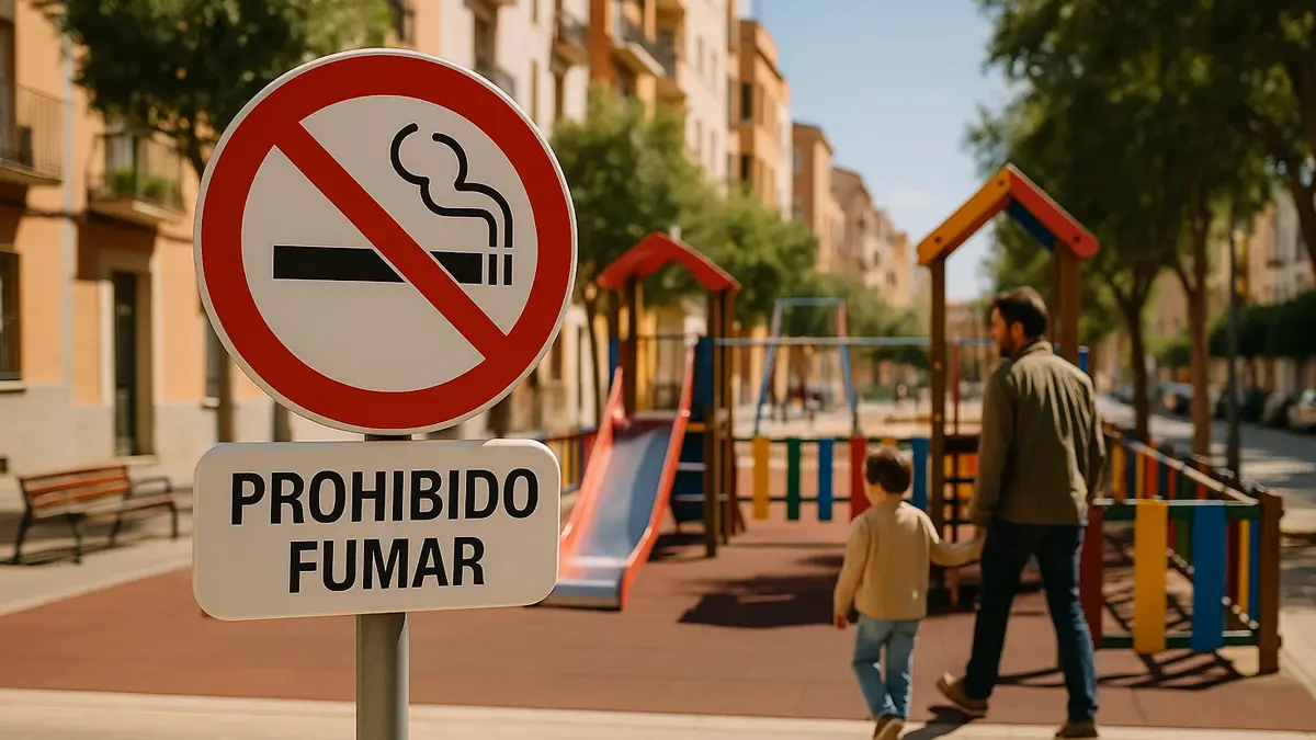 Cartello di divieto di fumo davanti a una scuola in Spagna