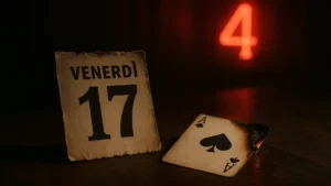 Collage di numeri sfortunati come il 17 in numeri romani e il 13 che emergono da uno sfondo scuro e misterioso
