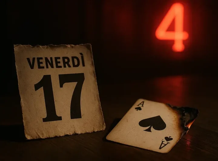 Collage di numeri sfortunati come il 17 in numeri romani e il 13 che emergono da uno sfondo scuro e misterioso