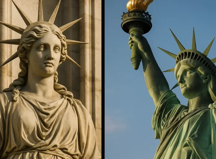 Confronto tra la statua La Legge Nuova sul Duomo di Milano e la Statua della Libertà di New York