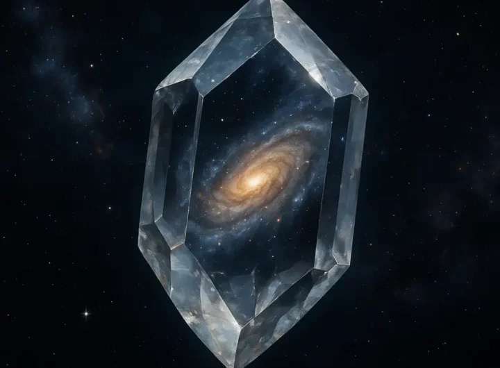 Cristallo di zircone che riflette la galassia a spirale della Via Lattea