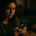 Donna preoccupata guarda un telefono con il logo di Facebook