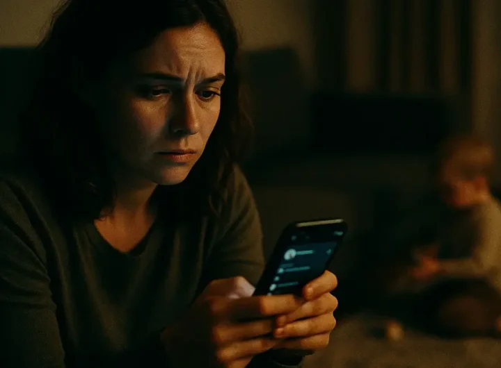 Donna preoccupata guarda un telefono con il logo di Facebook