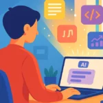 Donna sorridente al computer che interagisce con interfaccia di ChatGPT