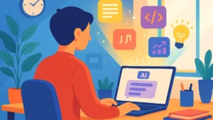 Donna sorridente al computer che interagisce con interfaccia di ChatGPT