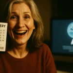 Donna sorridente che tiene in mano un biglietto della lotteria davanti a uno schermo di computer