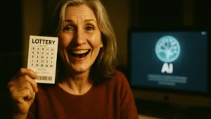 Donna sorridente che tiene in mano un biglietto della lotteria davanti a uno schermo di computer