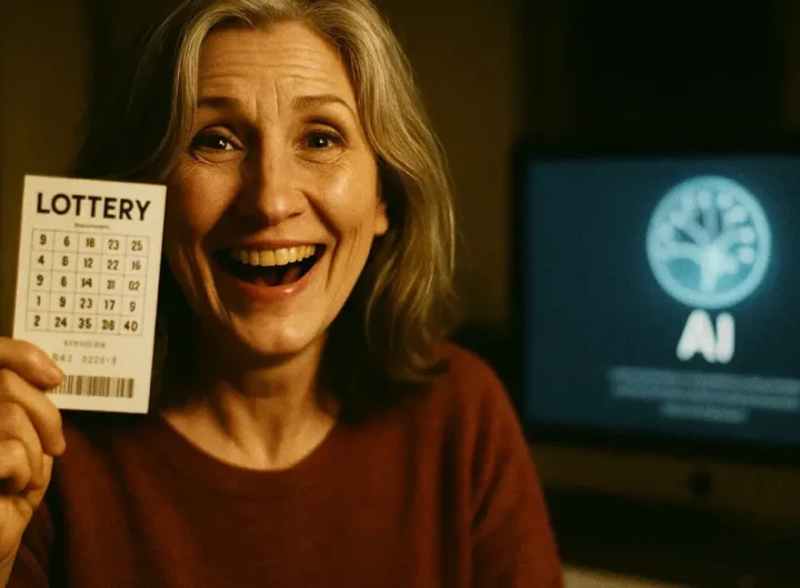 Donna sorridente che tiene in mano un biglietto della lotteria davanti a uno schermo di computer