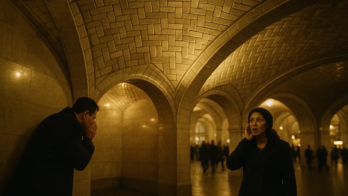 Due persone agli angoli opposti della Galleria dei Sussurri a Grand Central Terminal
