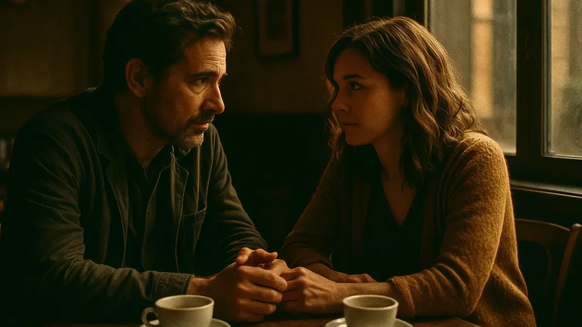 Due persone sedute a un tavolino di un caffè si guardano intensamente