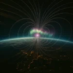 Emissioni aurorali e linee del campo magnetico terrestre durante una tempesta geomagnetica notturna