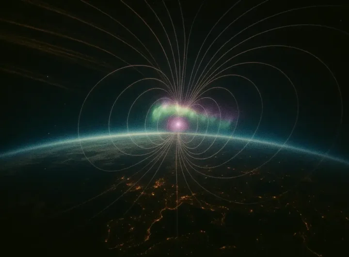 Emissioni aurorali e linee del campo magnetico terrestre durante una tempesta geomagnetica notturna