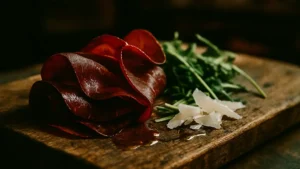 Fette sottili di Bresaola della Valtellina IGP disposte su un tagliere di legno rustico