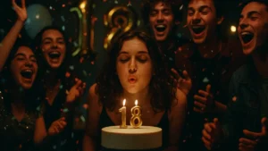 Gruppo di giovani amici che festeggiano un diciottesimo compleanno lanciando coriandoli