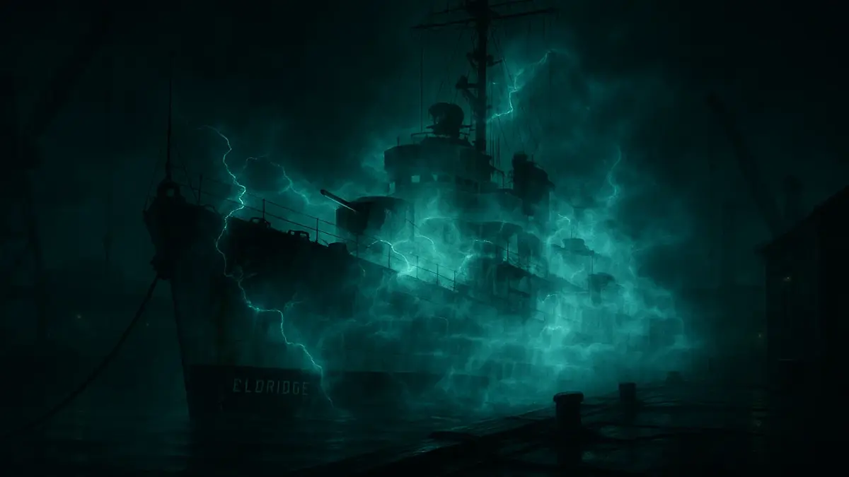 Illustrazione del cacciatorpediniere USS Eldridge durante il presunto esperimento di Philadelphia