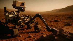 Illustrazione del rover Perseverance della NASA che analizza una roccia marziana