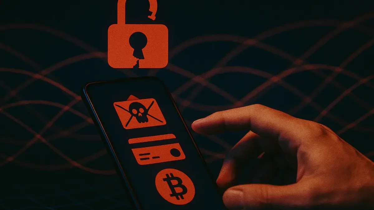 Illustrazione di un lucchetto digitale spezzato su uno schermo di smartphone che mostra icone di email e carte di credito