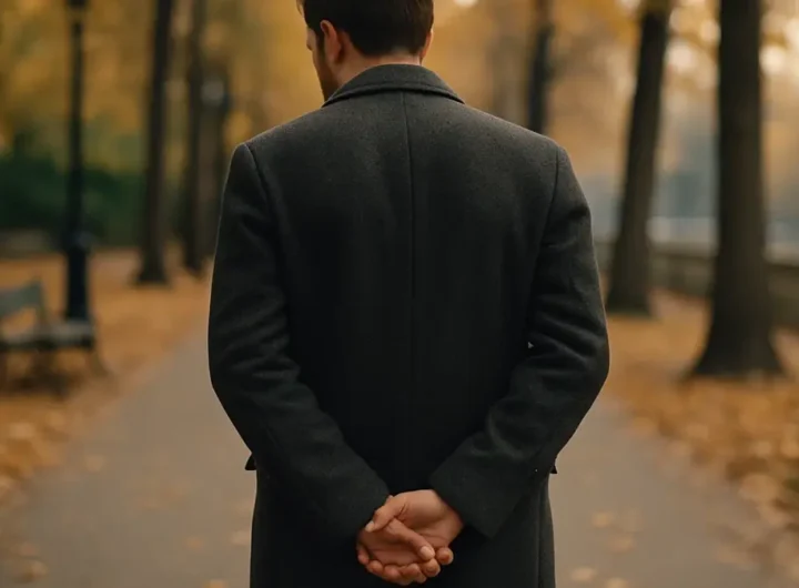 Immagine di profilo di una persona in abiti formali che cammina in un ambiente urbano con le mani intrecciate dietro la schiena