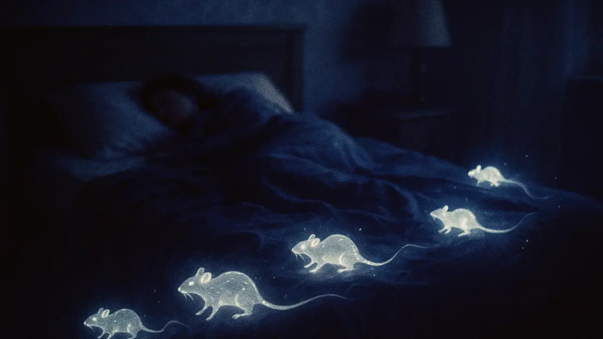 Immagine onirica che rappresenta una persona che dorme mentre piccole sagome di topi emergono dalla penombra