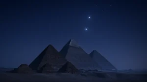 Le tre piramidi di Giza al crepuscolo con la costellazione di Orione visibile nel cielo stellato