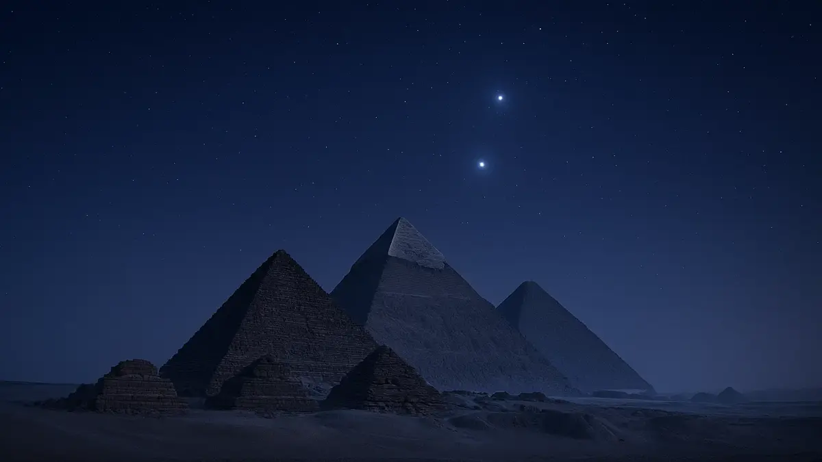 Le tre piramidi di Giza al crepuscolo con la costellazione di Orione visibile nel cielo stellato