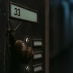 Lumaca notturna che striscia su un pannello di campanello condominiale in metallo