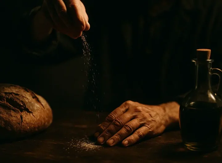 Mani che compiono un antico gesto scaramantico gettando sale su un tavolo di legno rustico