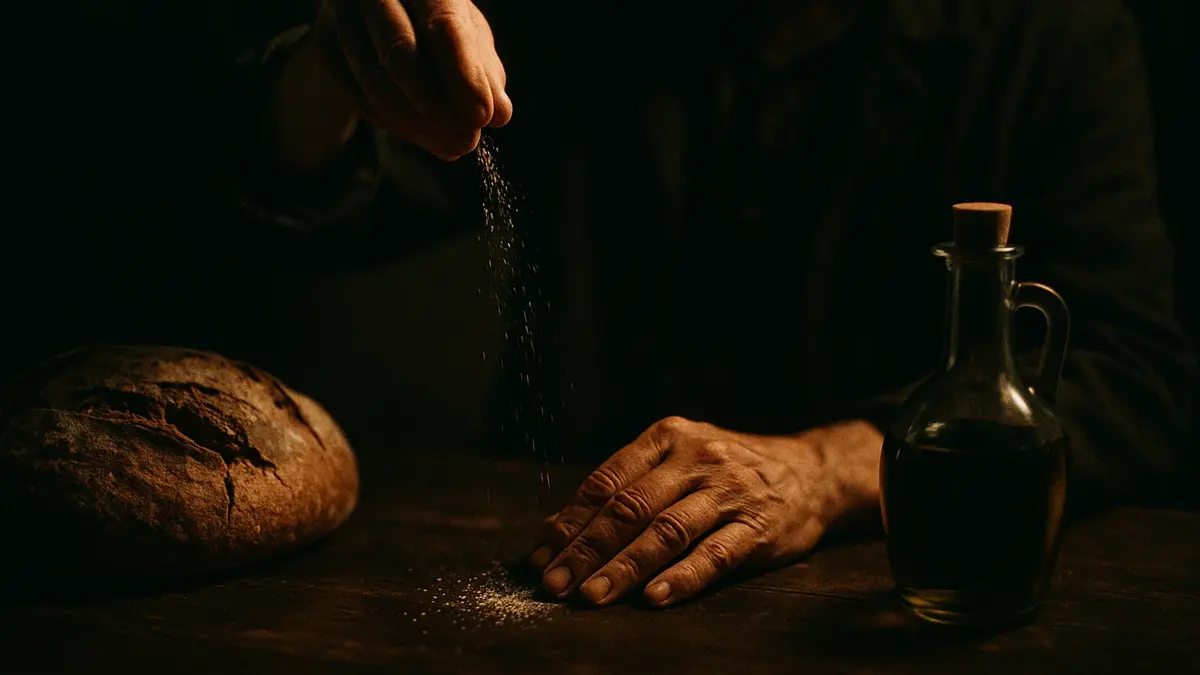 Mani che compiono un antico gesto scaramantico gettando sale su un tavolo di legno rustico
